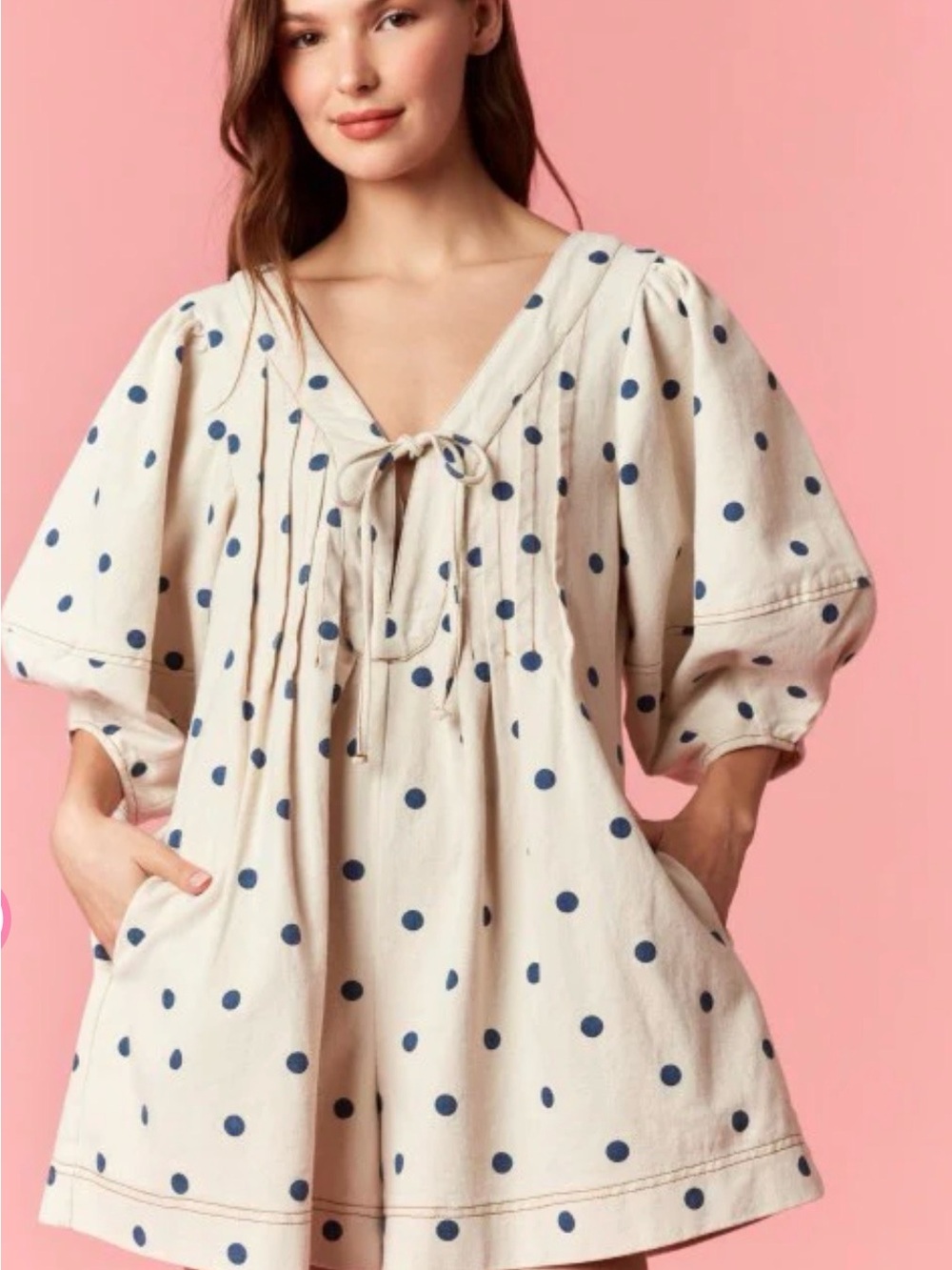 Peach Love Sweet Denim Polka Dot Loran Cream Romper - Picture 10 of 12